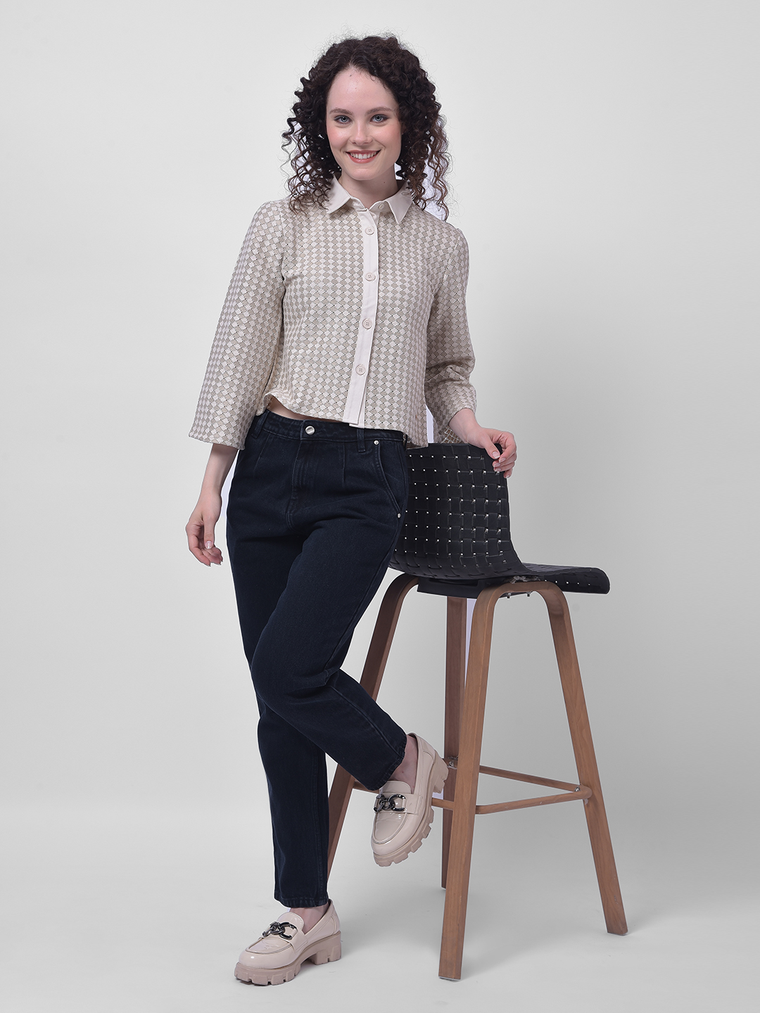 Numero Uno Women Beige Textured Crop Shirt